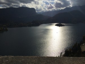 Island on Lake Bled taken from Bled Castle while the sun interfered with my amateur photographic skills